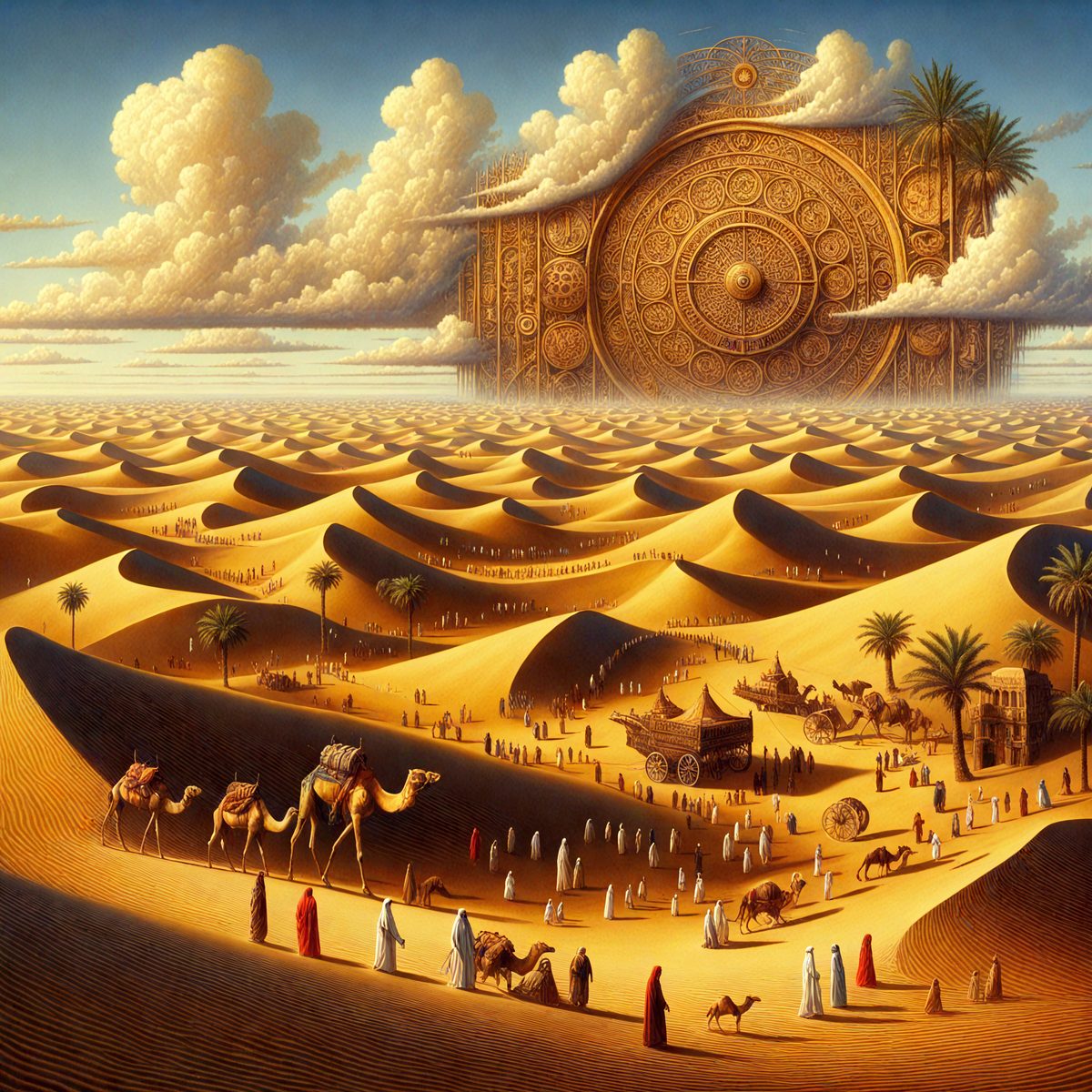The primary subject of the image is a large, intricate sand sculpture of a building. The setting is a desert landscape, with sand dunes and a cloudy sky in the background. The visual style is a combination of digital art and illustration, creating a unique and captivating scene. The colors and mood of the image are warm and vibrant, with the sand sculpture and the desert landscape creating a sense of wonder and awe.